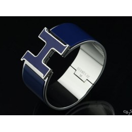 Hermes Blue Enamel Clic H Bracelet Narrow Width (33mm) In Silver